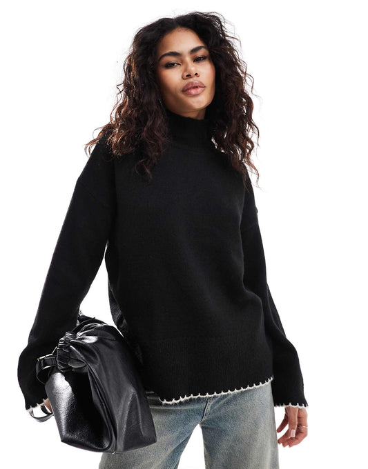 High Neck Jumper With Blanket Stitch
