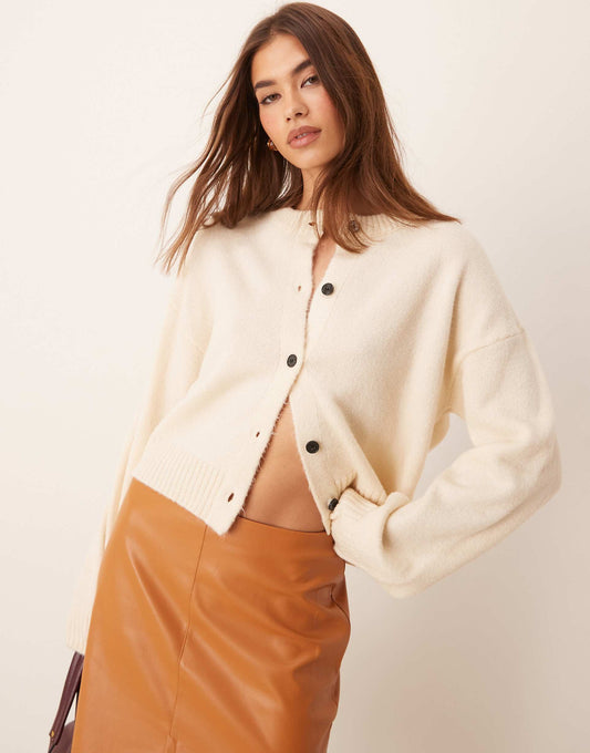 Knitted Crew Neck Cardigan With Contrast Black Buttons