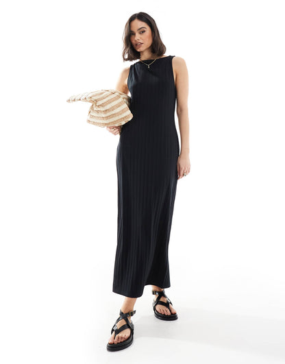 Wide Rib Sleeveless Boat Neck Midaxi Dress