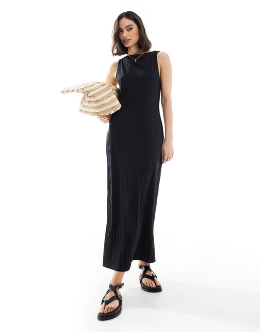 Wide Rib Sleeveless Boat Neck Midi Dress