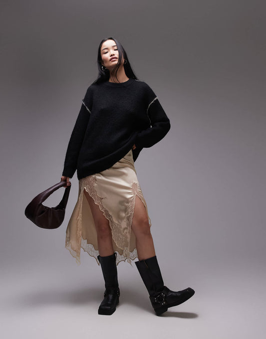 Knitted Exposed Contrast Seam Oversized Jumper