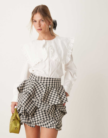 Dream Check Print Ruffle Mini Skirt