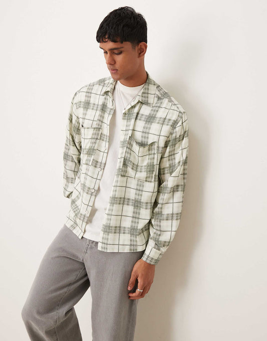 Oversized Boxy Zip Through Shirt With Washed Check