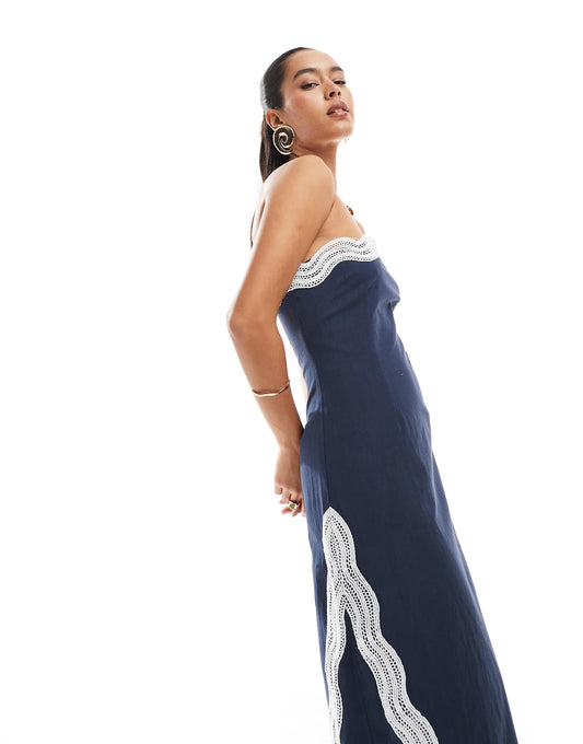 Linen Look Contrast Scallop Detail Bandeau Maxi Dress