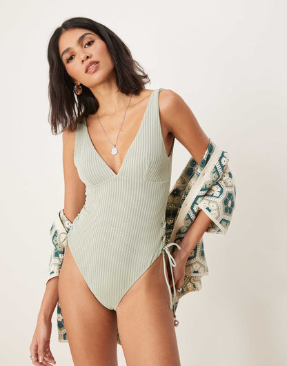 Kai  Textured  Tie Side Swimsuit With Pearl Trim