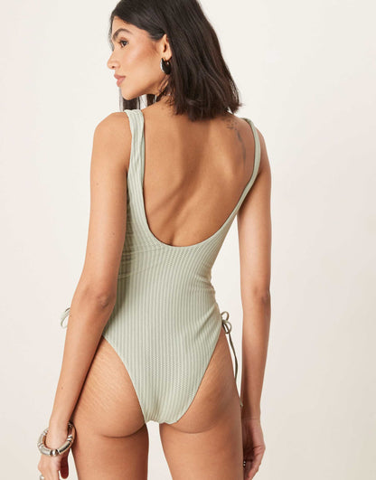 Kai  Textured  Tie Side Swimsuit With Pearl Trim