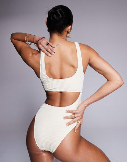 Crinkle Stripe Assymetrical Cut Out Swimsuit
