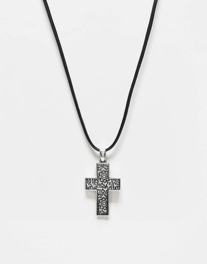 Unisex Pretty Silver Cross On Cord Necklace