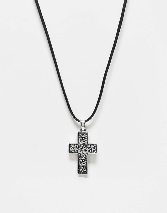 Unisex Pretty Silver Cross On Cord Necklace