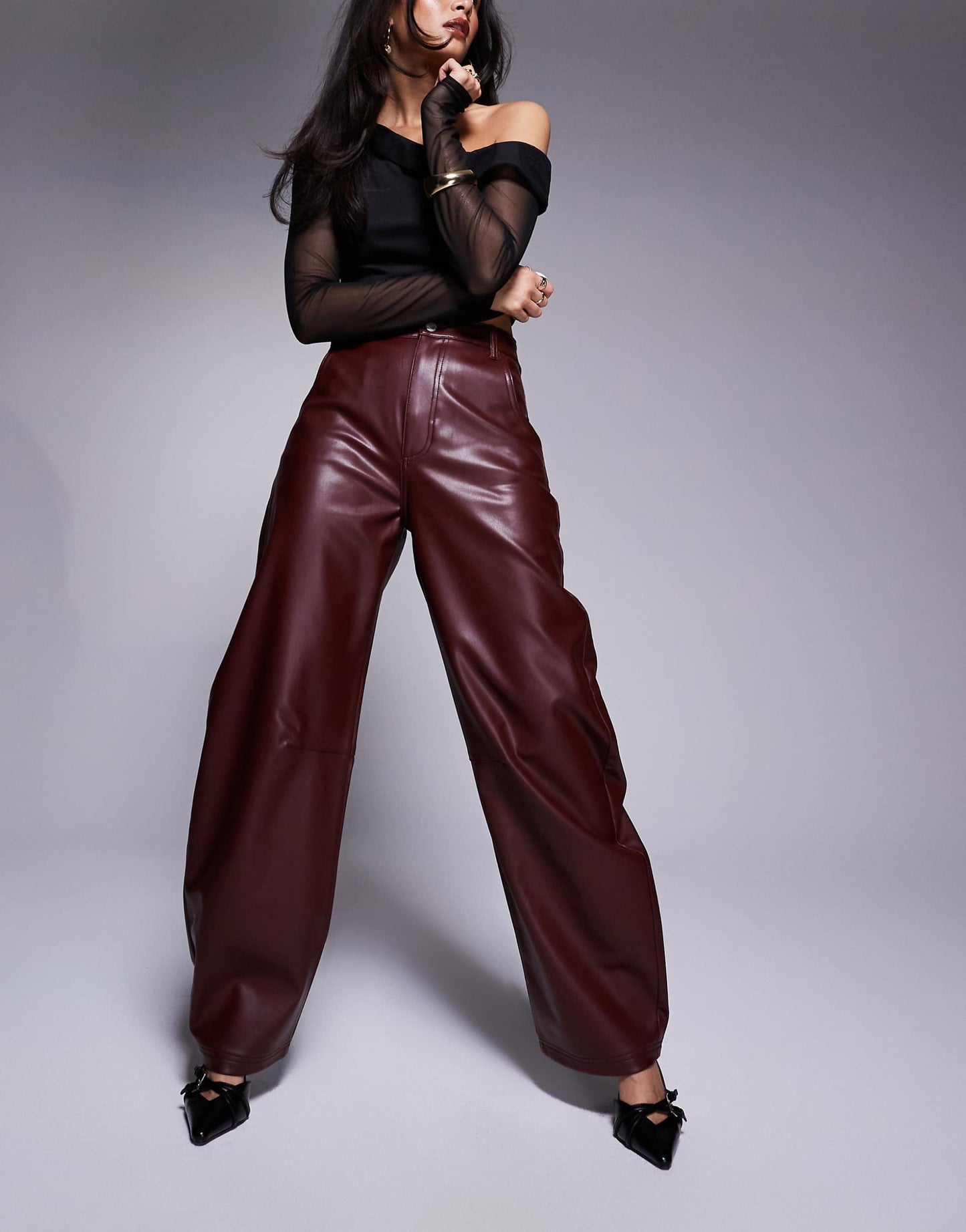 High Rise Faux Leather Barrel Leg Trouser