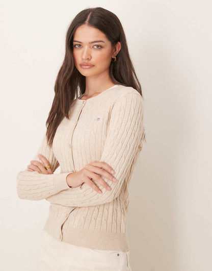 Cotton Cable Knit Logo Cardigan