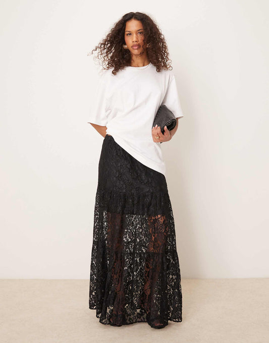 Lace Tiered Maxi Skirt With Lining