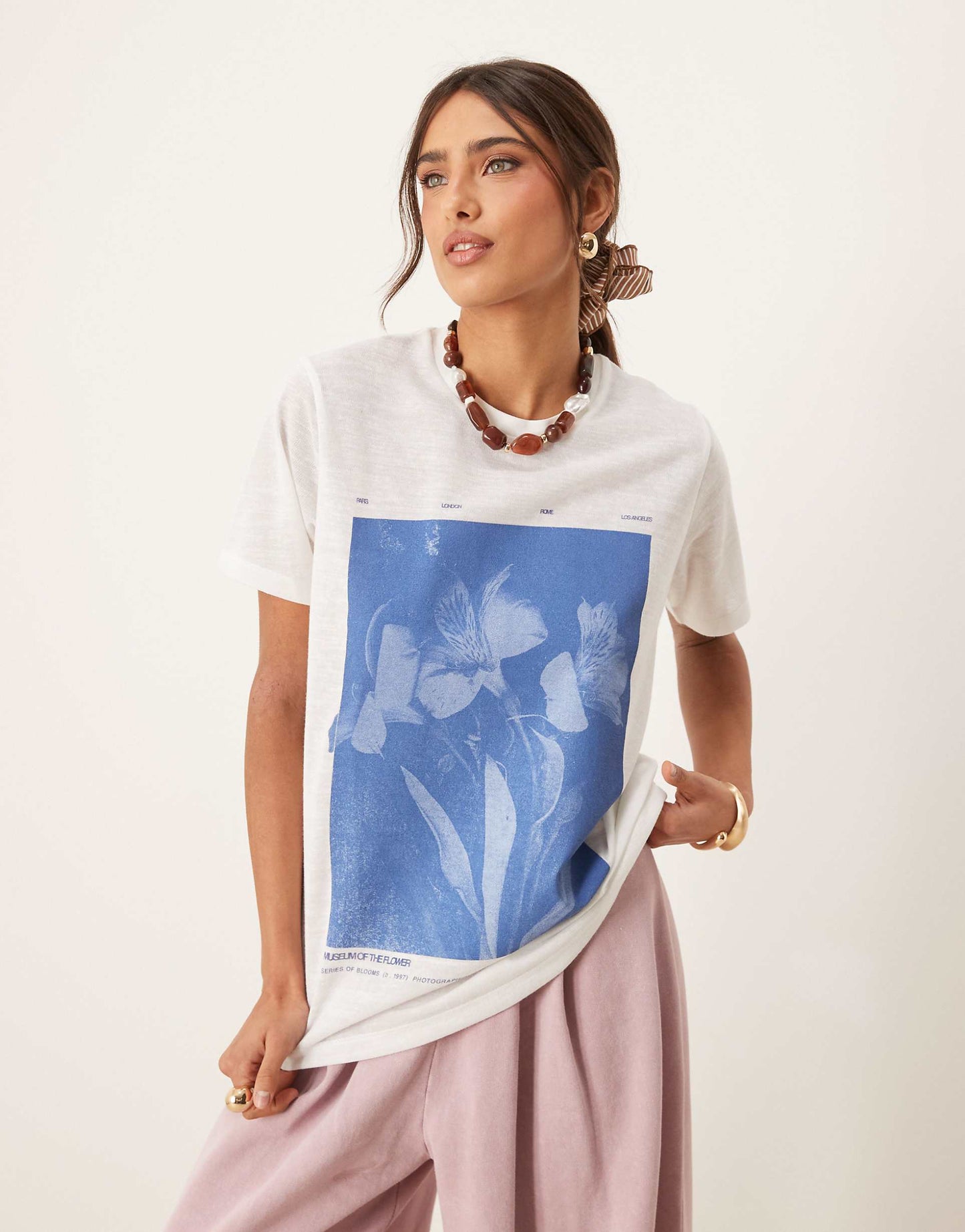 Linen Look T-Shirt With Floral Graphic