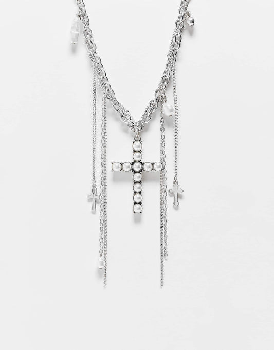 Unisex Layered Chain Necklace With Pearl Cross