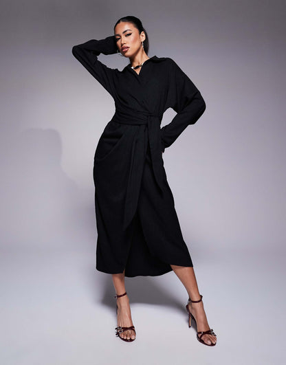 Textured Wrap Tie Waist Shirt Midi Dress