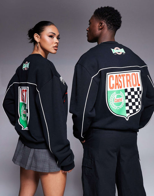 Unisex Boxy Oversized Sweatshirt With Piping Detail And Castrol Racing Prints