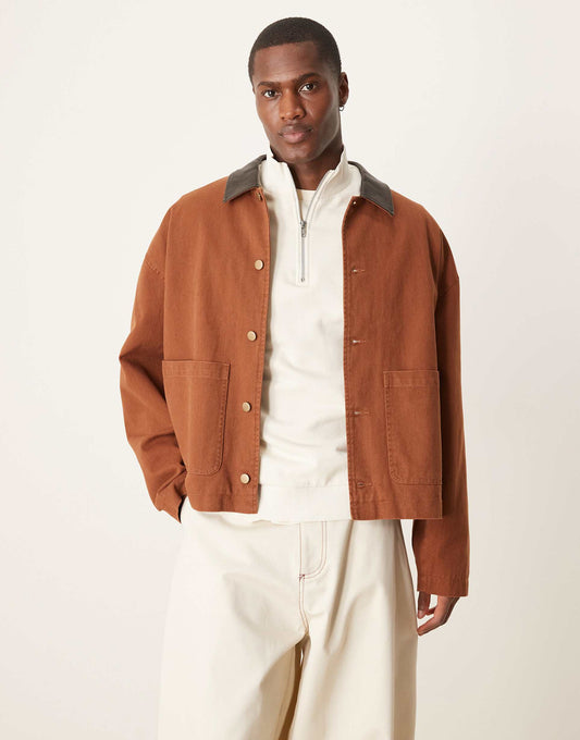 Boxy Oversized Worker Jacket With Faux Leather Collar