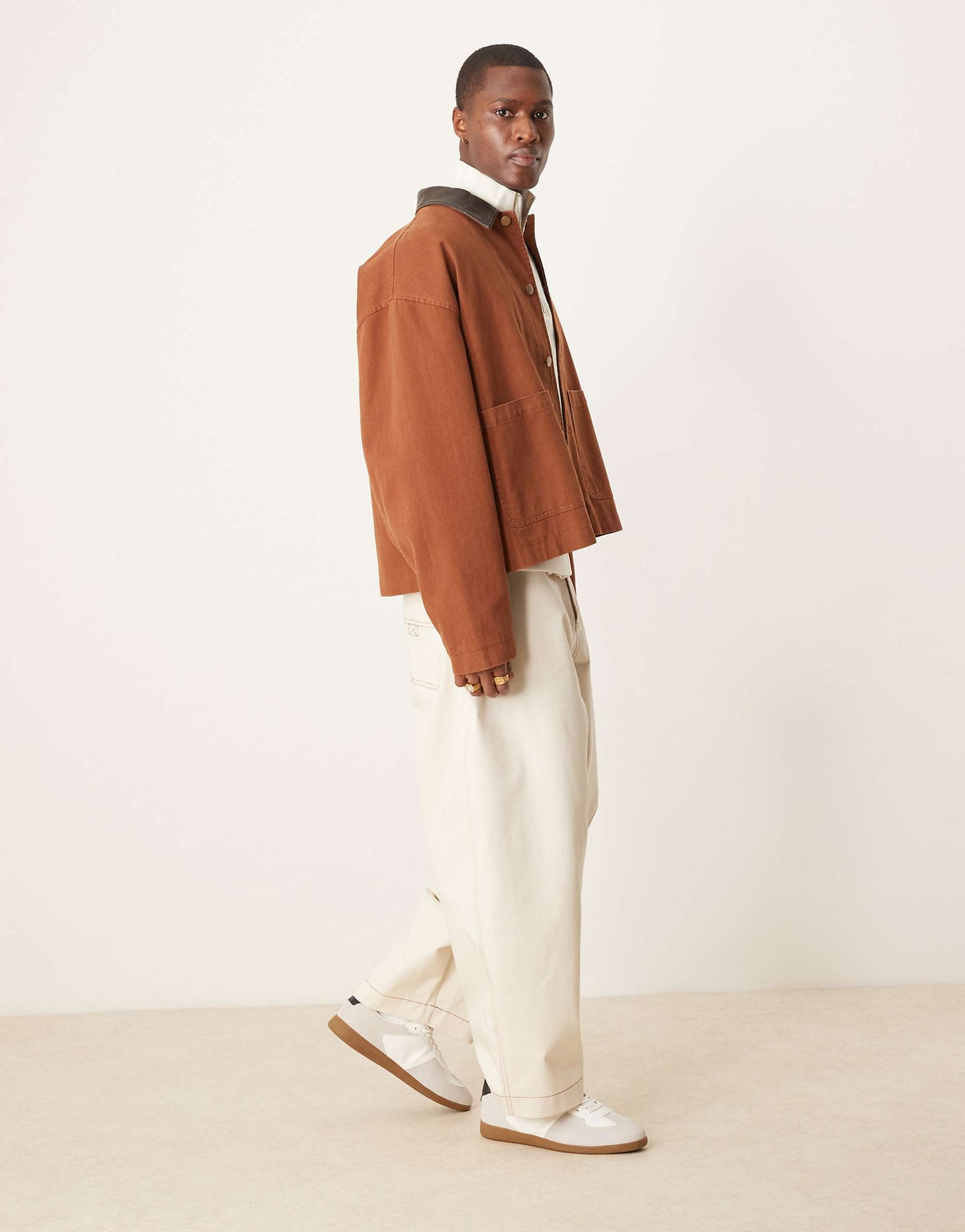 Boxy Oversized Worker Jacket With Faux Leather Collar