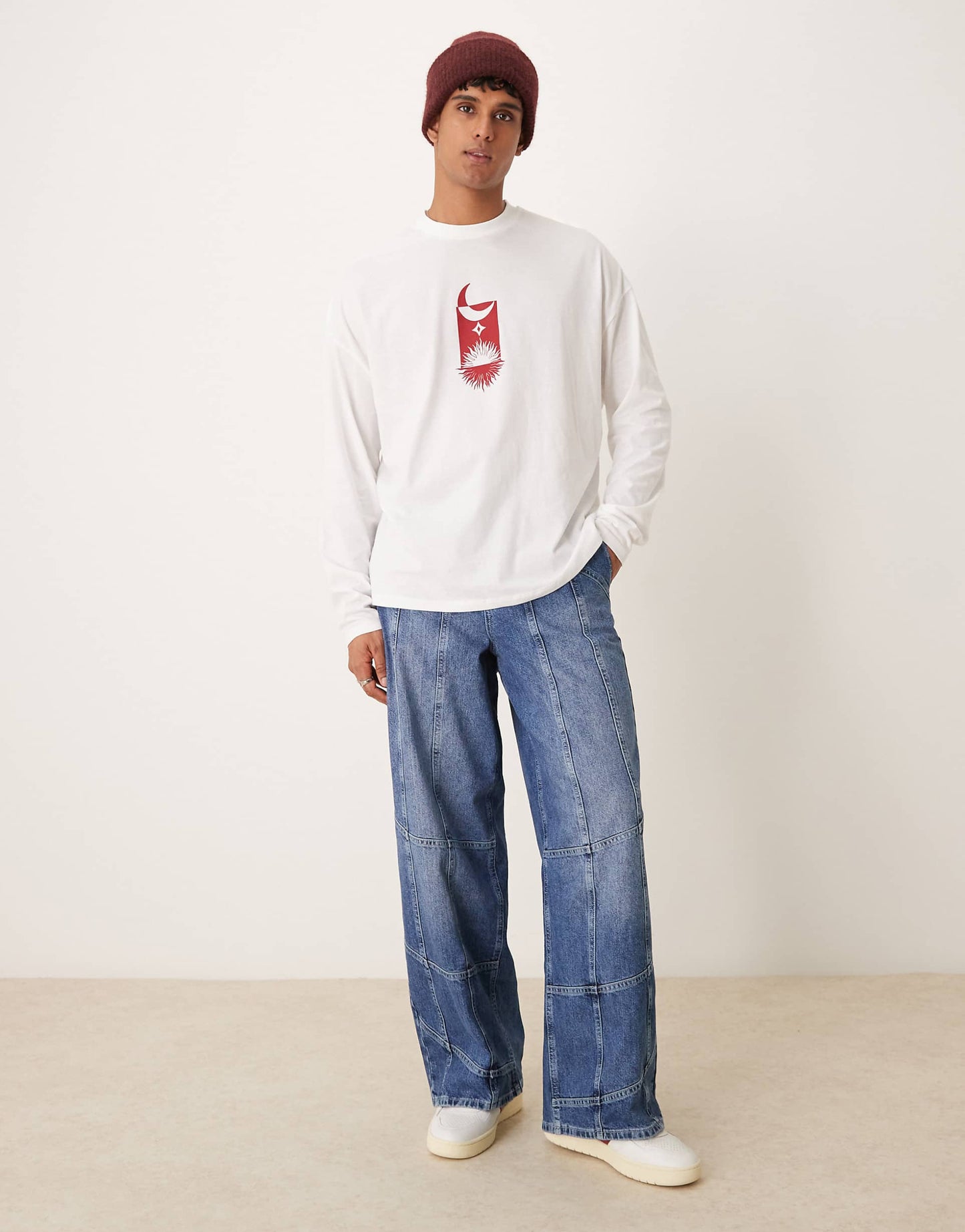 Oversized Long Sleeve T-Shirt With Celestial Front Print
