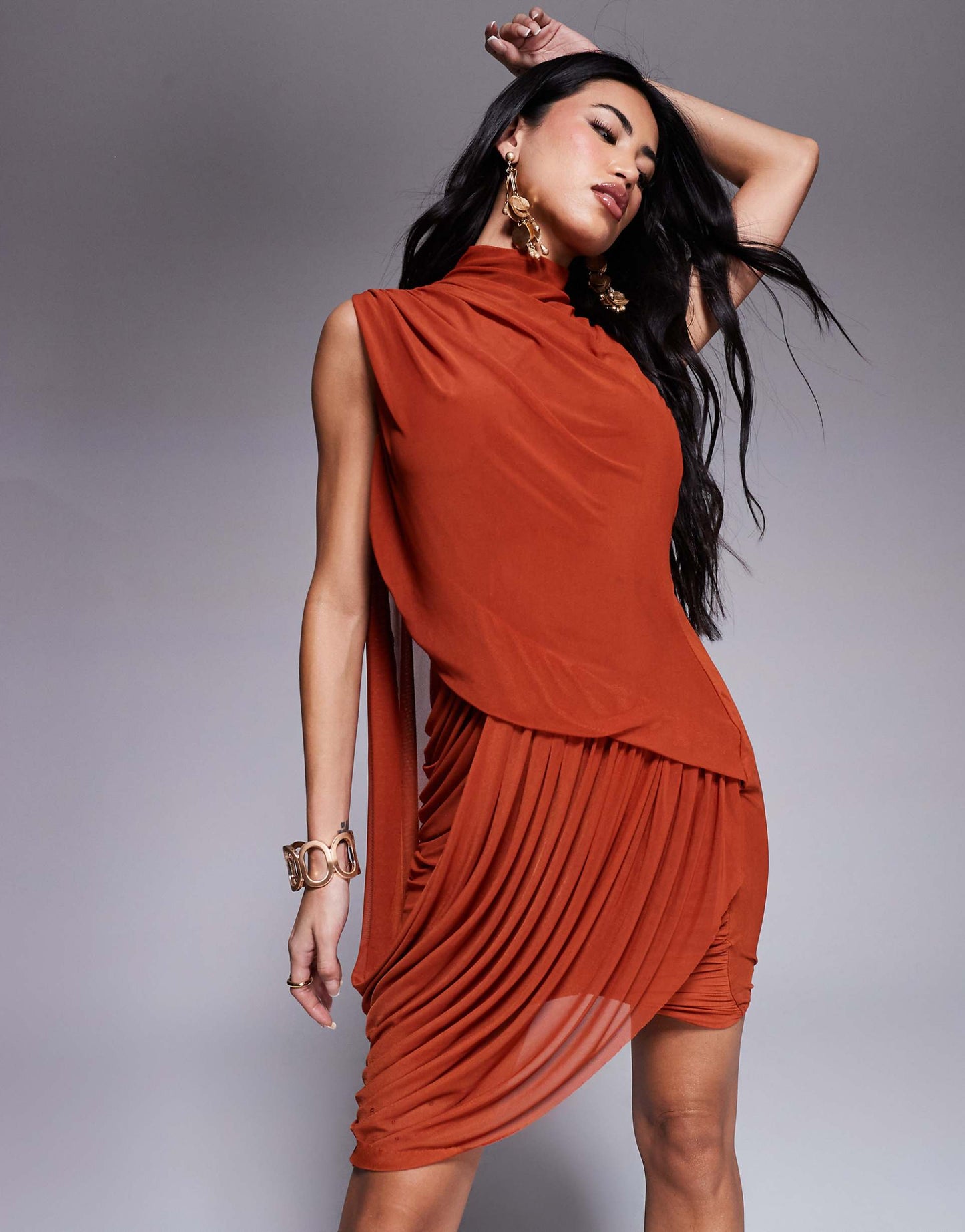 Mesh High Neck Mini Dress With Draped Cowl Back