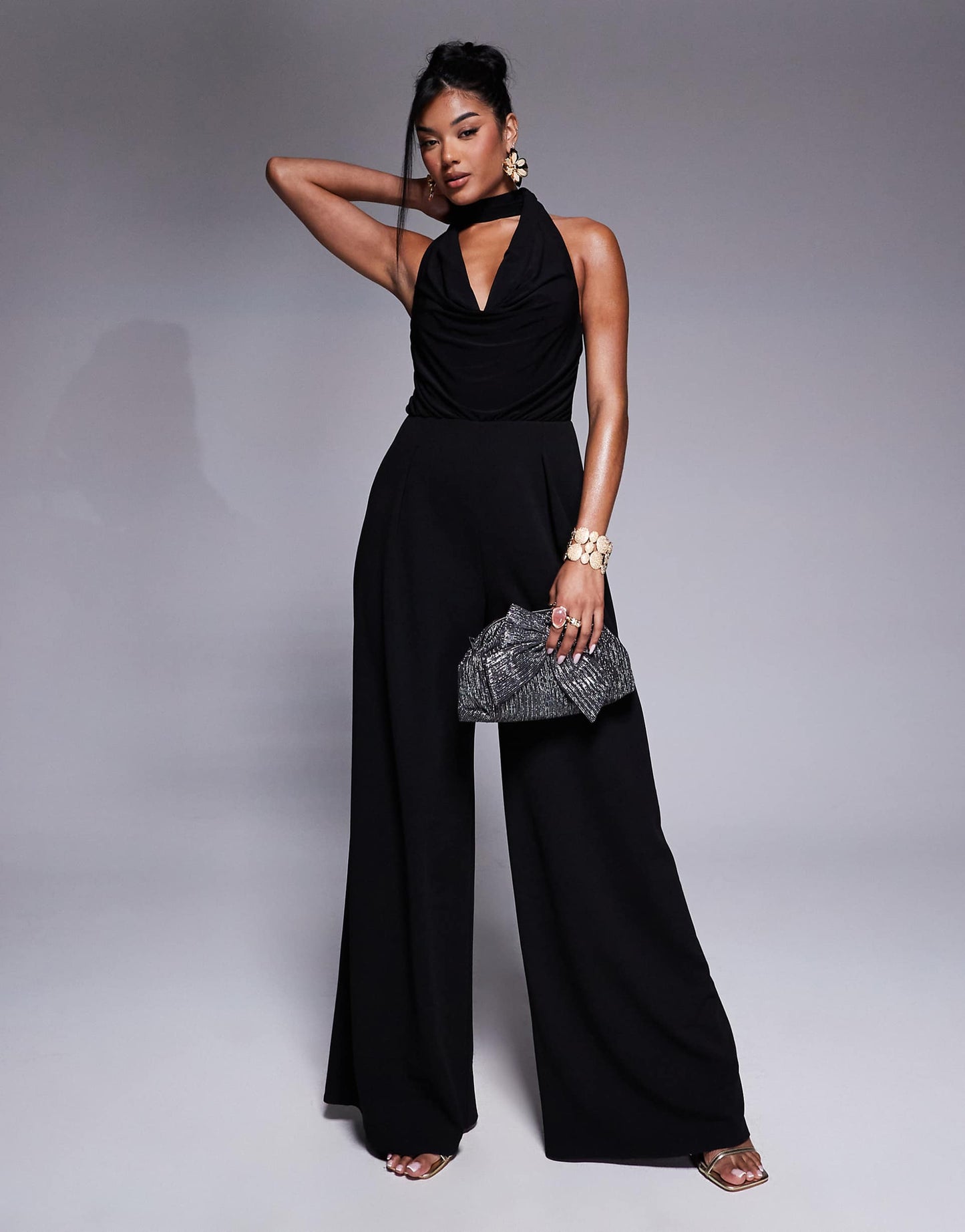 Cowl Fabric Mix Wide Leg Jumpsuit With Tie Neck