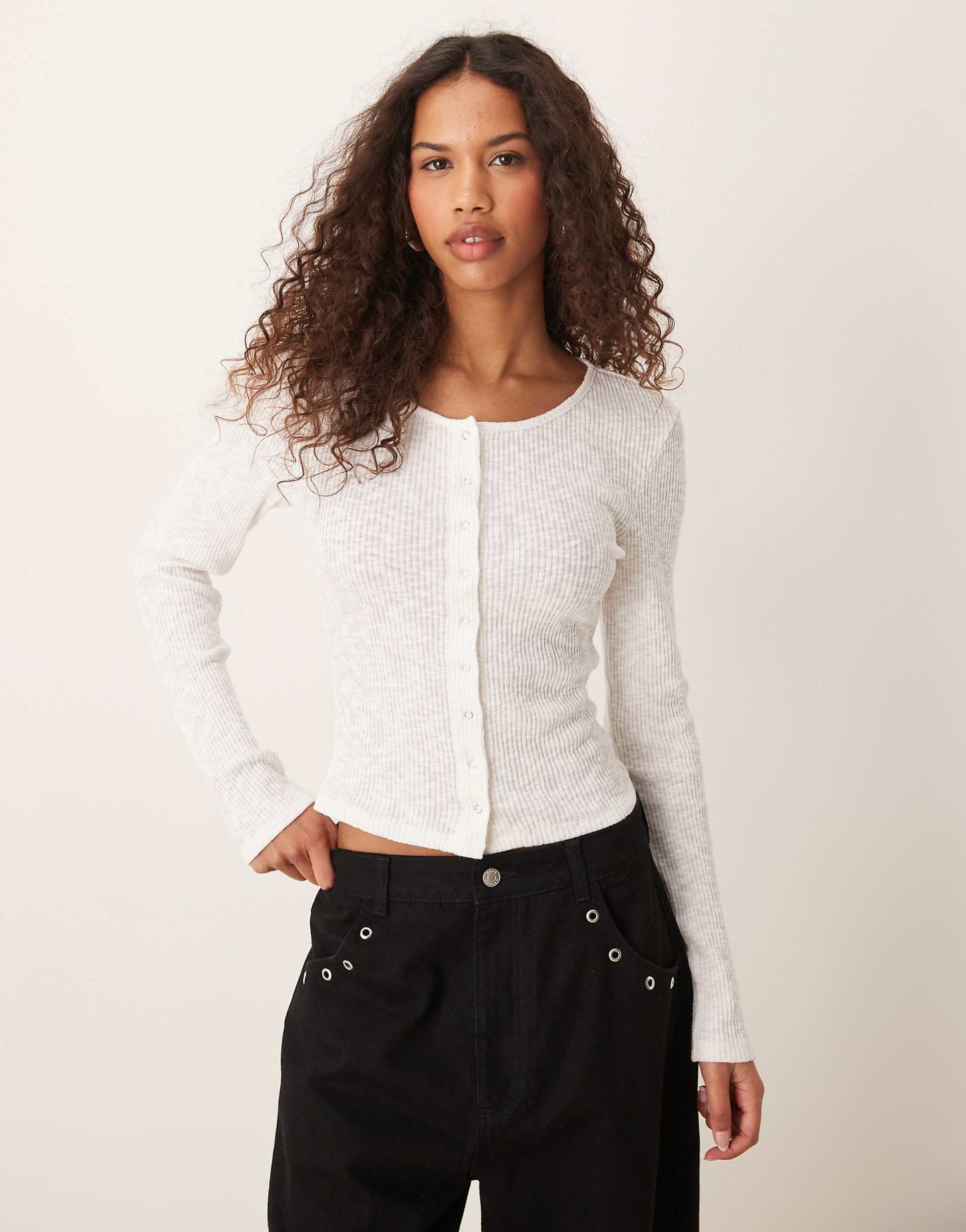 Button Front Rib Long Sleeve Top