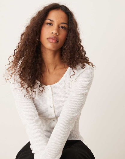 Button Front Rib Long Sleeve Top