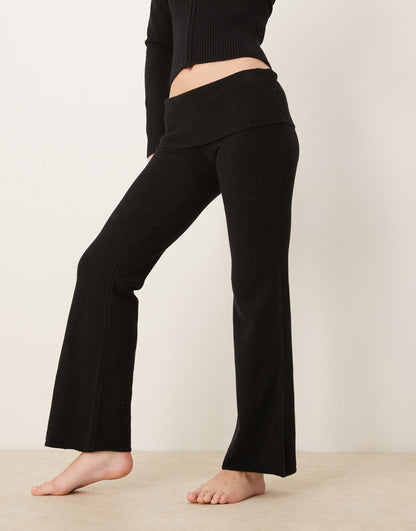 Co-Ord Knitted Flare Leg Trousers With Deep Rib Fold Over  Waistband