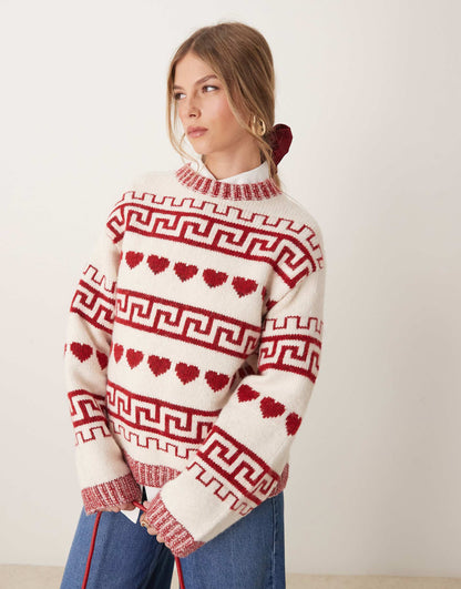 Red Hearts Jacquard Pattern Knitted Relaxed Fit Sweater