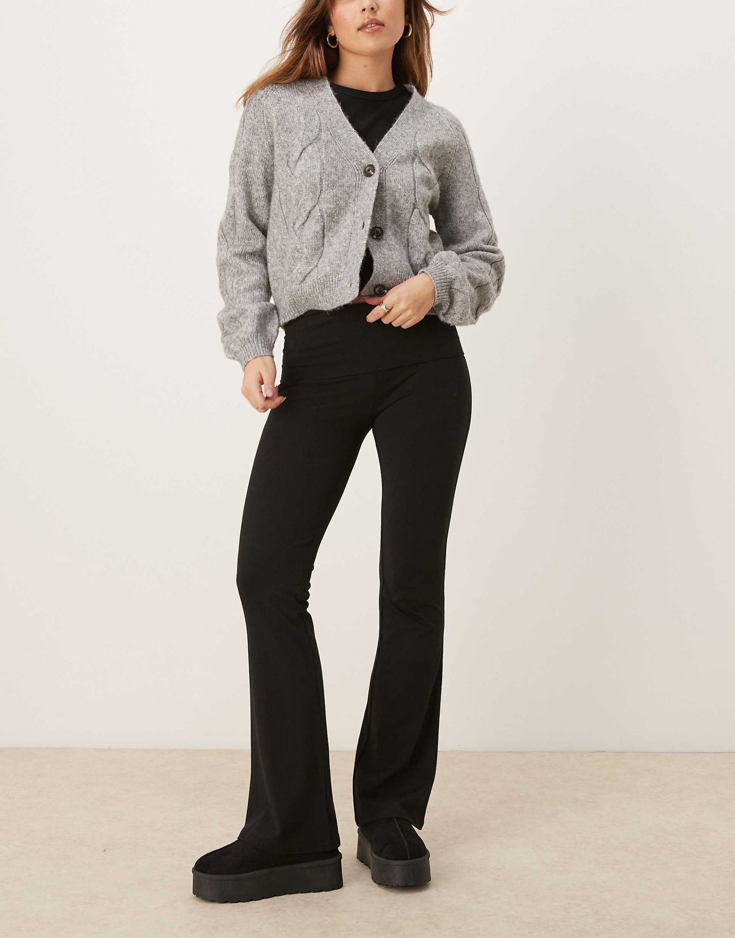 Soft Touch Jersey Flared Leg Trousers With Fold Over Waistband