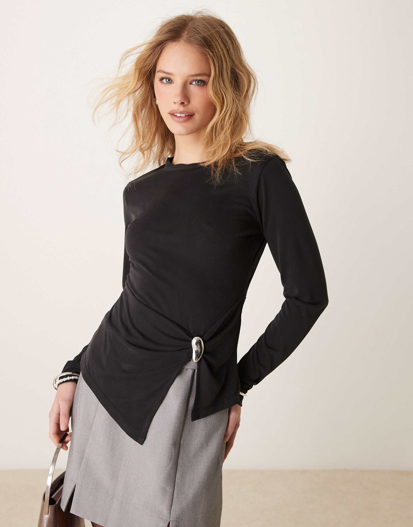 Long Sleeve Modal Twist Top With Silver Trim