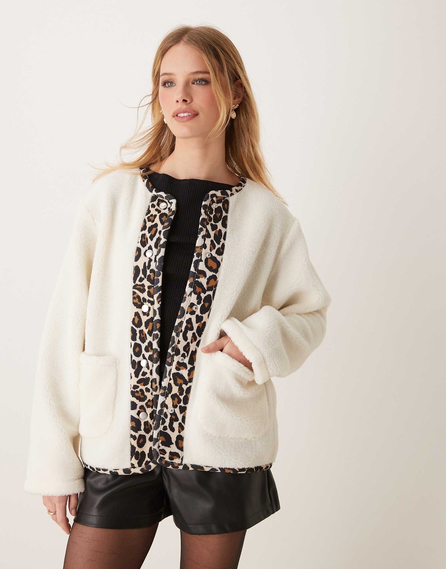 Borg Jacket With Leopard Trim