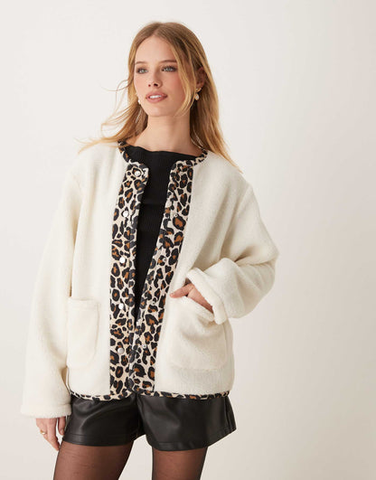 Borg Jacket With Leopard Trim