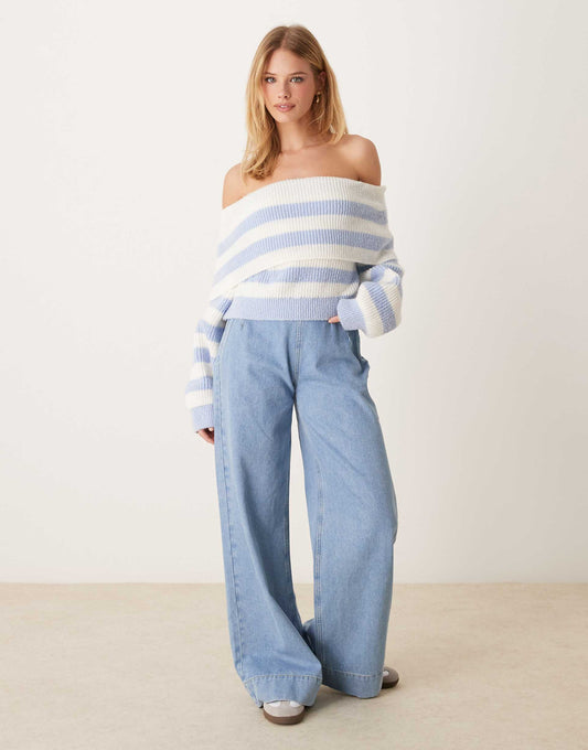 Pastel Blue Striped Bardot Knitted Jumper