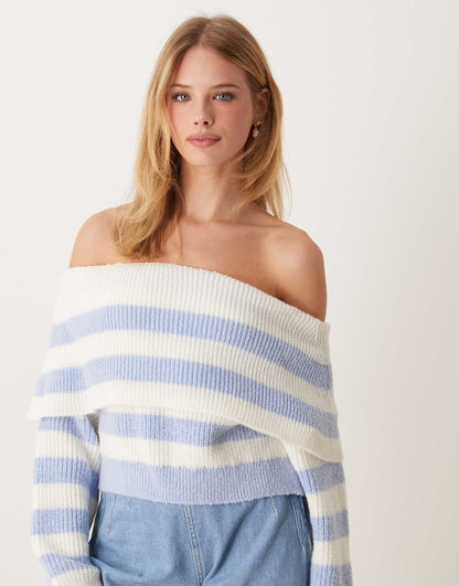 Pastel Blue Striped Bardot Knitted Jumper