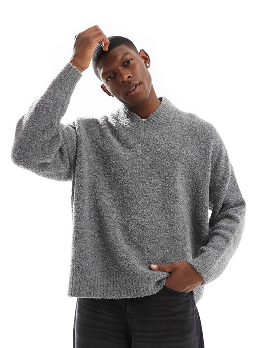 Super Oversized Boxy Fit Textured Knitted V Neck Jumper