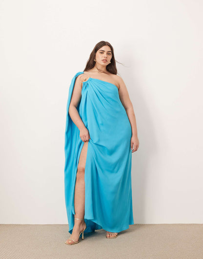 Curve Spiral Trim One Shoulder Maxi Dress