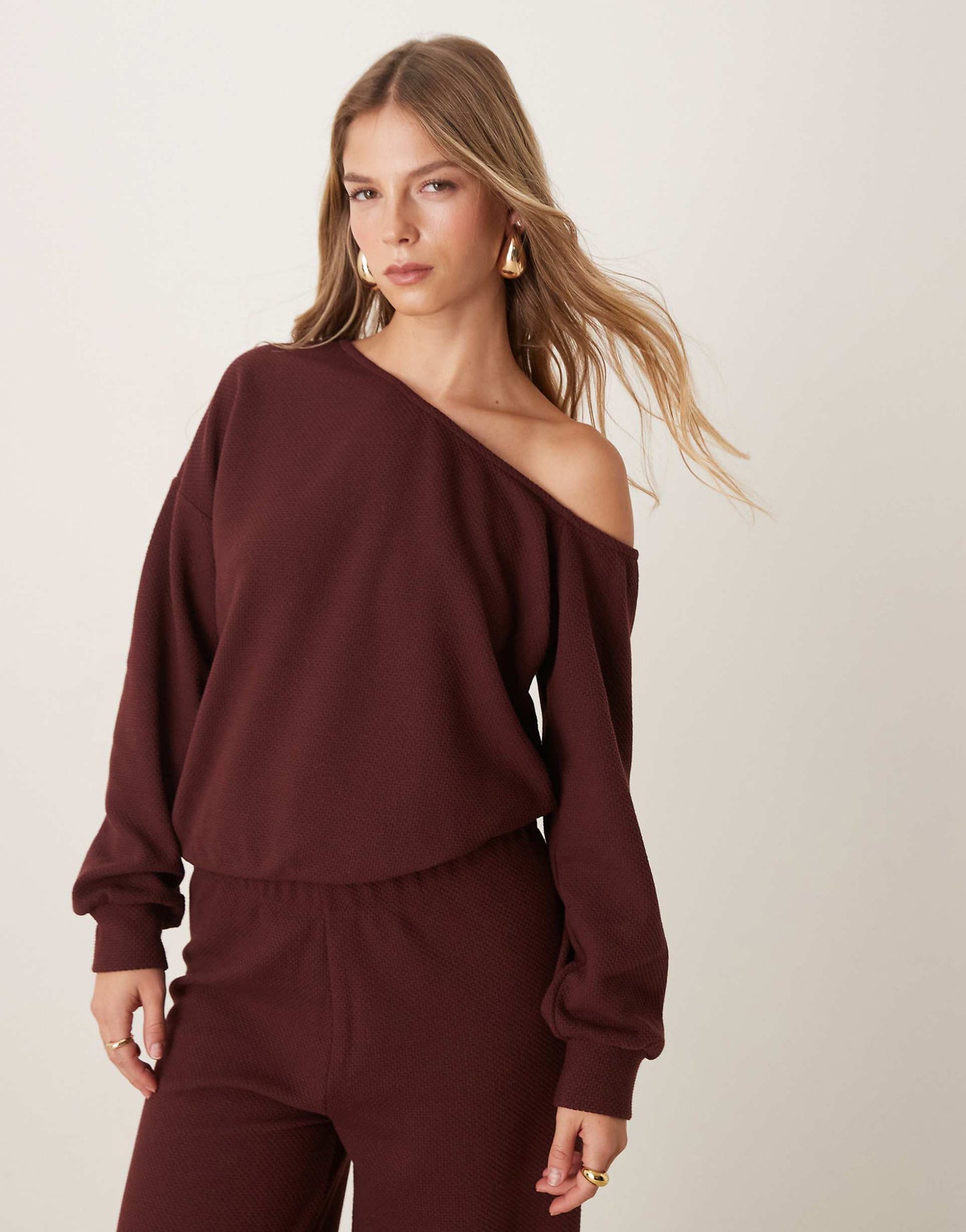 Textured Brushback Off Shoulder Sweat