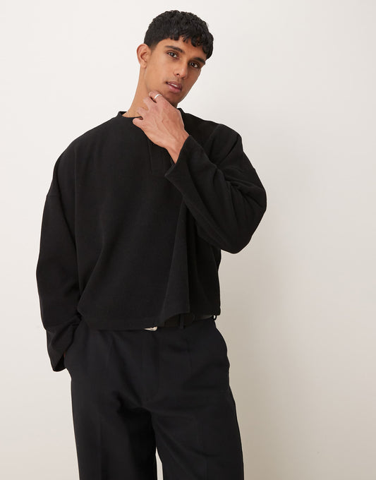 Super Oversized Cropped Heavyweight Rib Henley Jumper