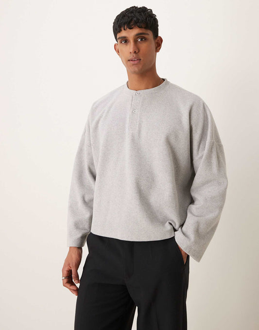 Super Oversized Cropped Heavyweight Rib Henley Jumper