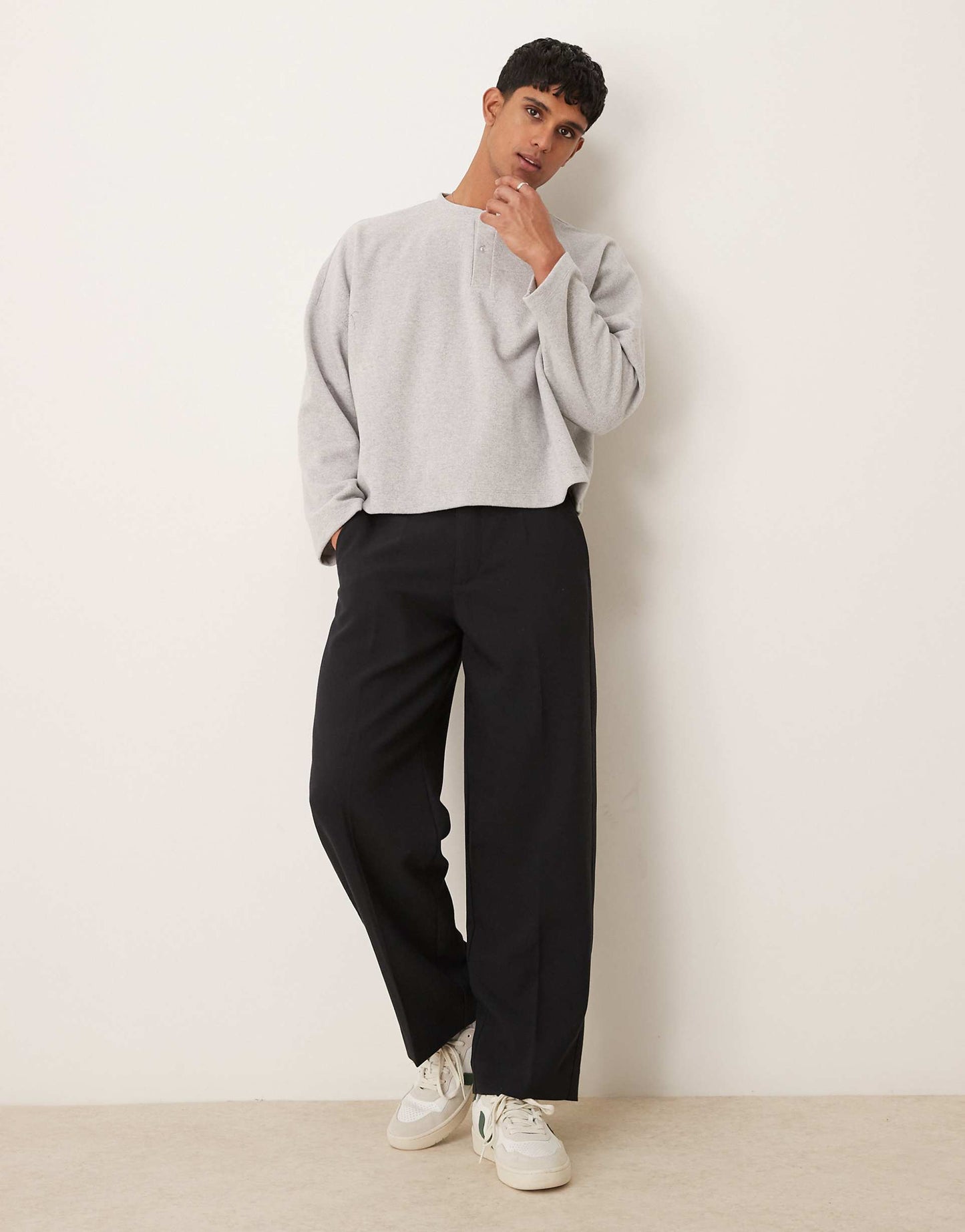 Super Oversized Cropped Heavyweight Rib Henley Jumper