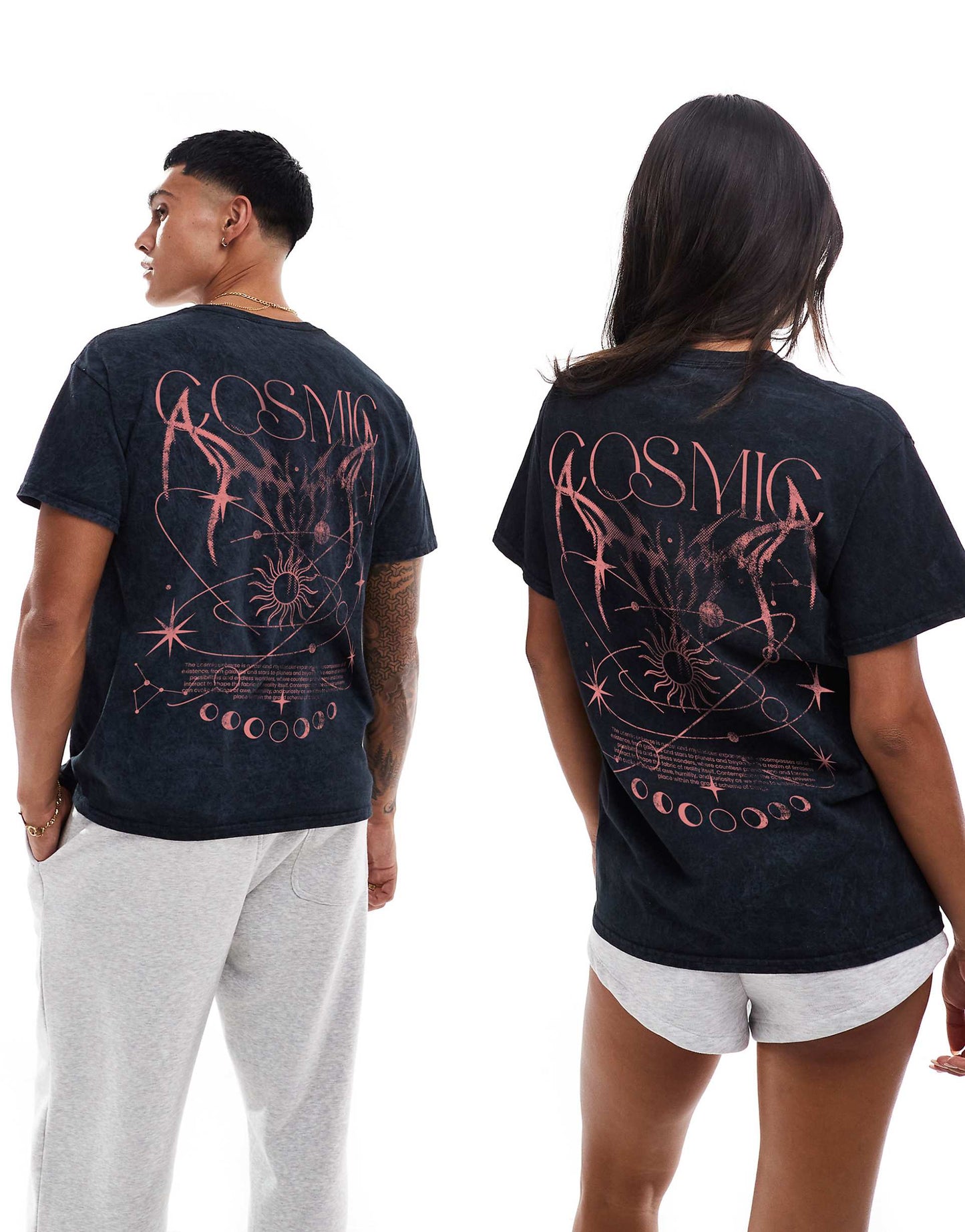 Cosmic Front And Back Print Washed T-Shirt