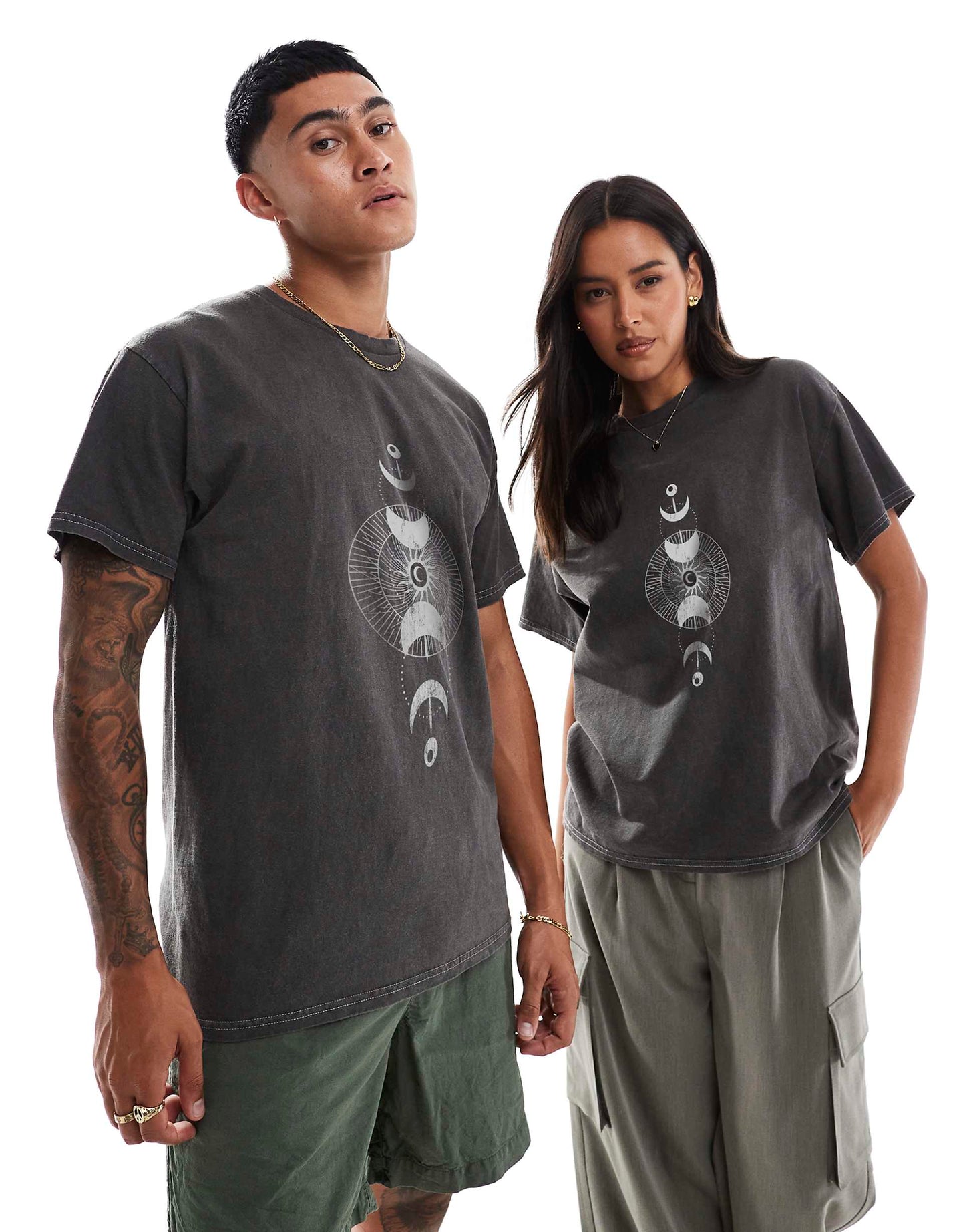 Celestial Universe Front And Back Print Washed T-Shirt