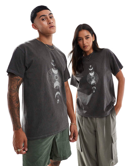 Celestial Universe Front And Back Print Washed T-Shirt