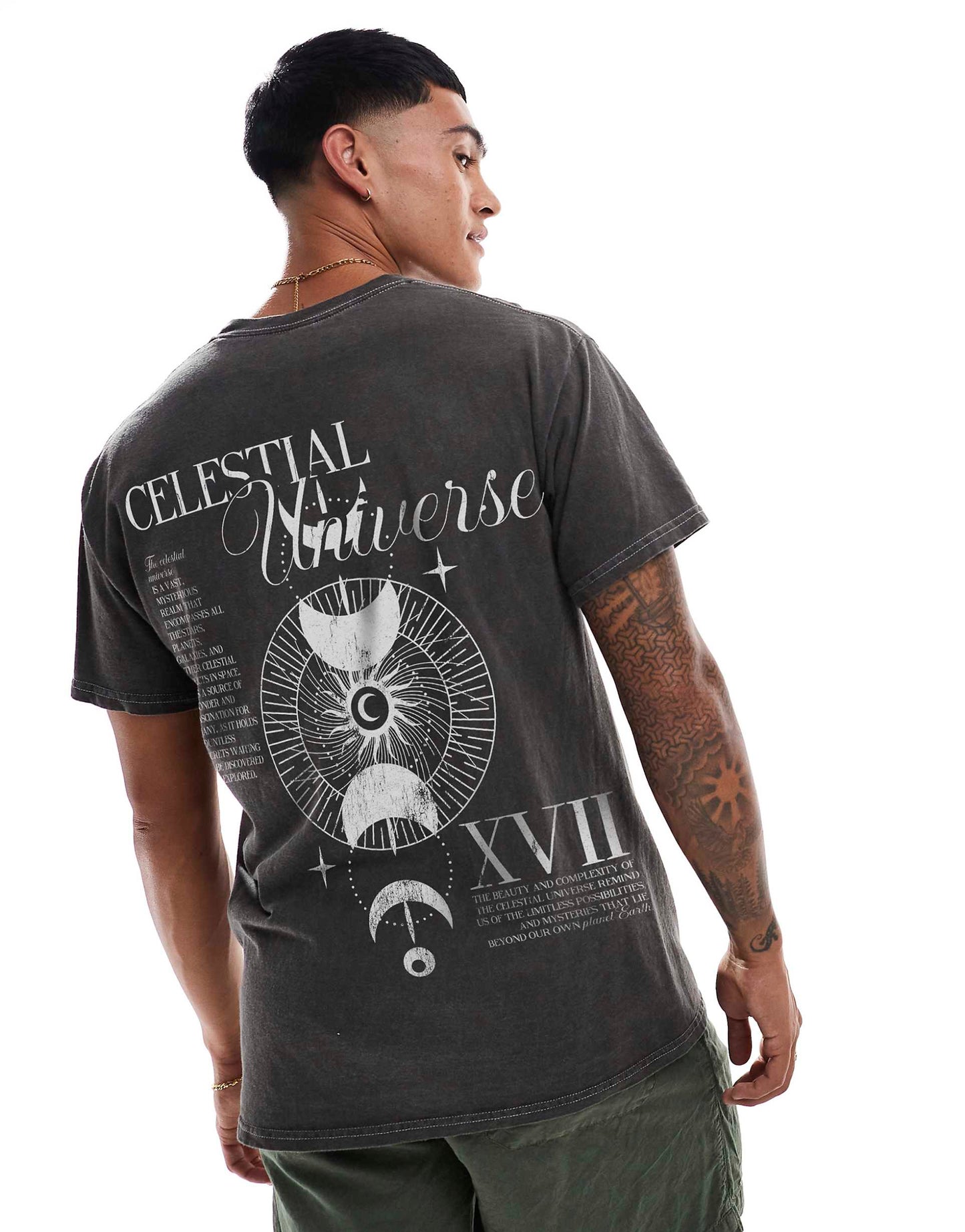 Celestial Universe Front And Back Print Washed T-Shirt