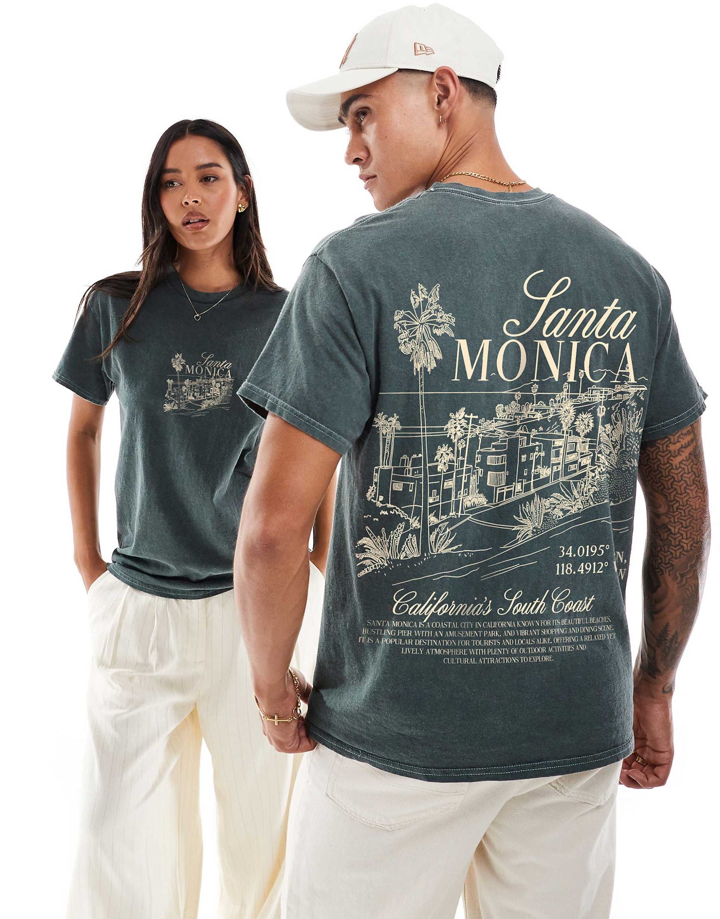 Santa Monica Green Front And Back Print Washed T-Shirt