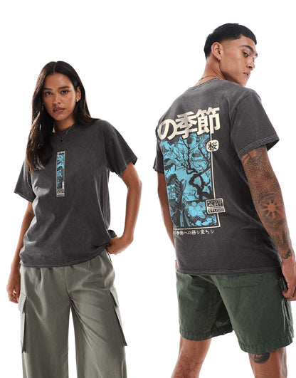 Vintage Geisha Front And Back Print Washed T-Shirt