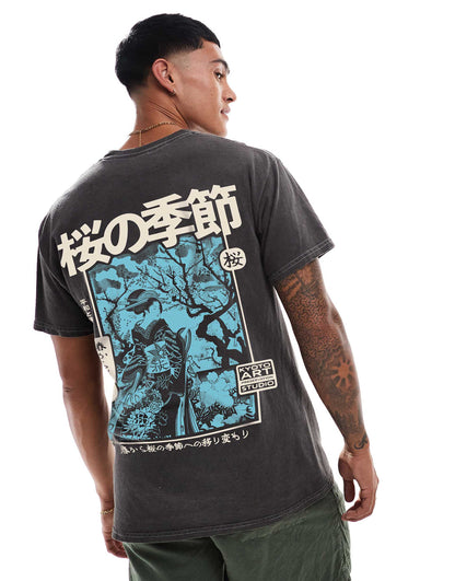 Vintage Geisha Front And Back Print Washed T-Shirt