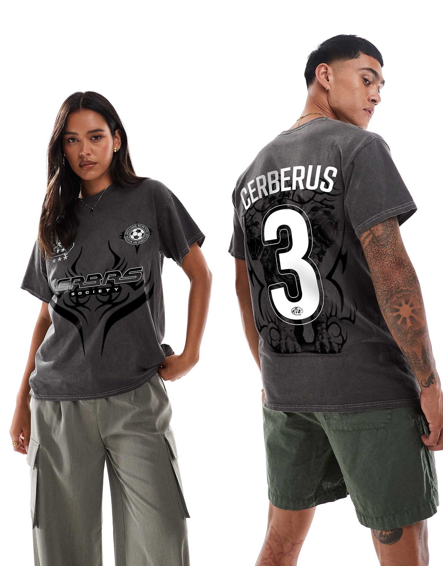 Cerberus Fetch Front And Back Print Washed T-Shirt