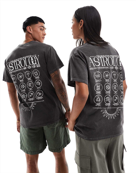 Astrology Front And Back Print Washed T-Shirt
